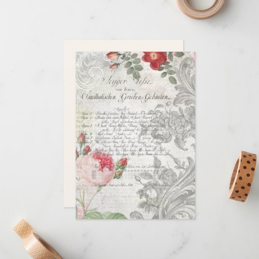 Carte De Correspondance Roses anciens, manuscrits gravés et script (Devant/Arrière en situation)