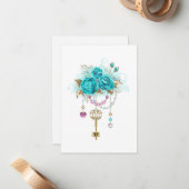 Carte De Correspondance Roses turquoise avec touches (Devant/Arrière en situation)