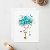 Carte De Correspondance Roses turquoise avec touches (Devant/Arrière en situation)
