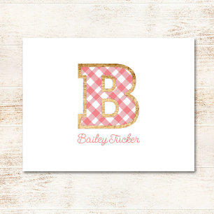 Carte De Correspondance Rustique & Preppy "B" En vichy rose sur Wood Girly