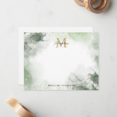 Carte De Correspondance Sage Green Gold Aquarelle Splash Script Monogramme (Devant/Arrière en situation)