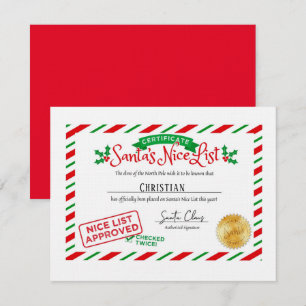 Carte De Correspondance Santa Claus Nice Liste Certificat Personnalisé
