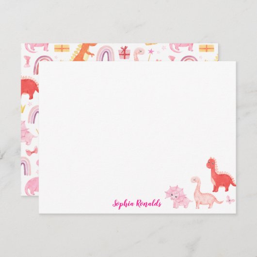 Carte De Correspondance Script Dinosaure Dino Magenta Rose (Devant / Derrière)