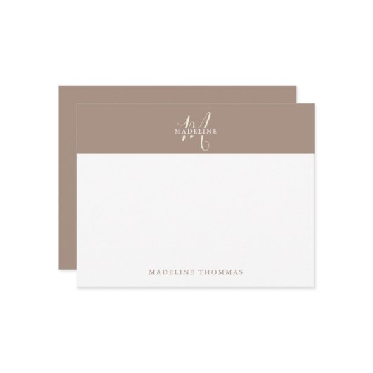 Carte De Correspondance Script Monogramme Beige Chaud (Devant/Arrière en situation)