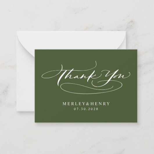 Carte De Correspondance Script Olive Green Wedding Budget Thank You (Devant)