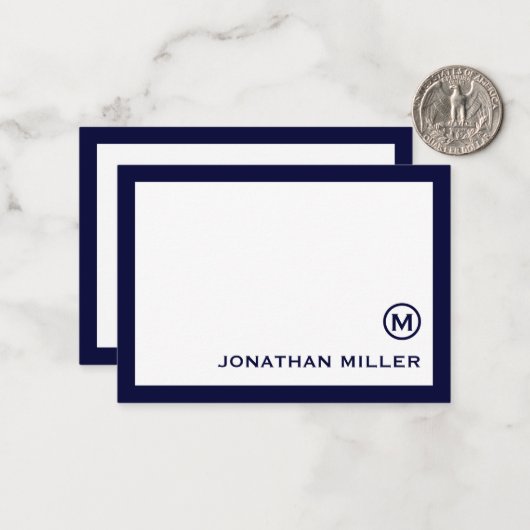 Carte De Correspondance Simple classique Monogramme Marine Blanc (Devant/Arrière en situation)