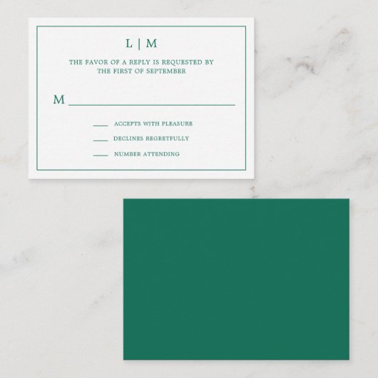 Carte De Correspondance Simple Emerald Green Mariage élégant Mini RSVP (Devant / Derrière)