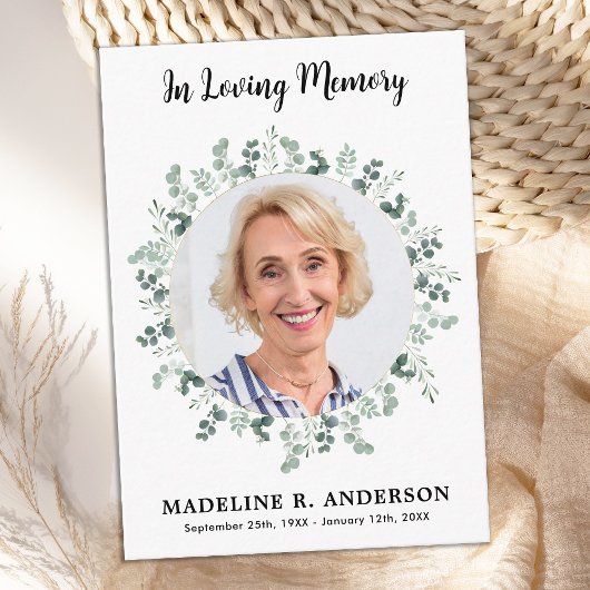 Carte De Correspondance Simple Eucalyptus Memorial Photo Merci funéraire