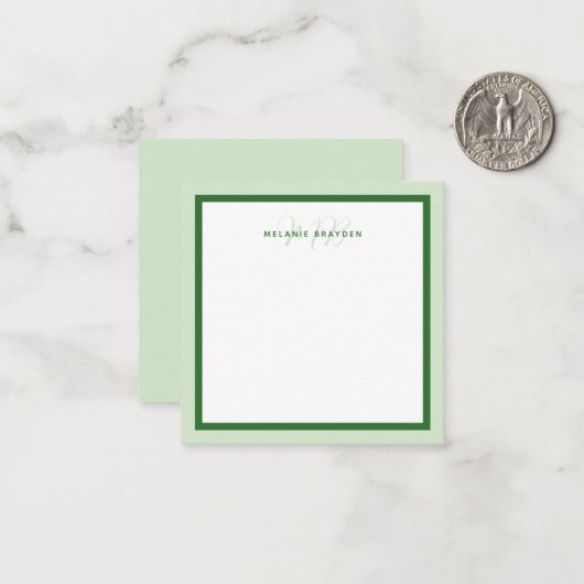 Carte De Correspondance Simple Moderne Monogramme Vert Bordure Double Ton (Devant/Arrière en situation)