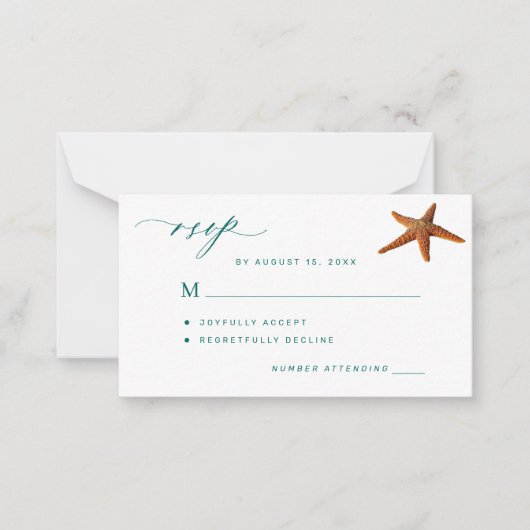 Carte De Correspondance Starfish aqua turquoise script destination mariage (Devant)
