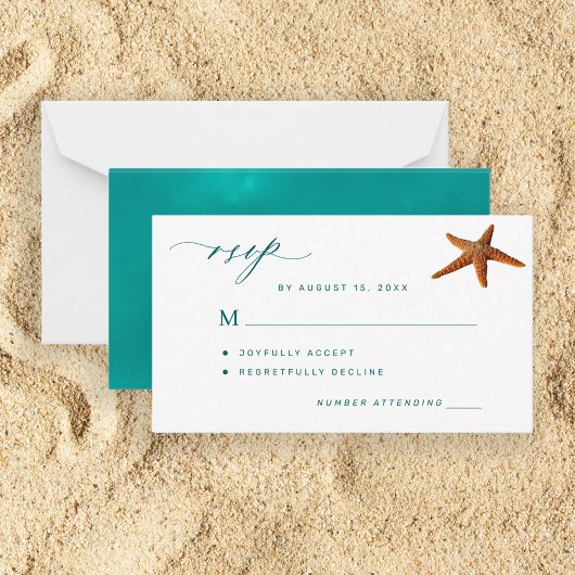 Carte De Correspondance Starfish aqua turquoise script destination mariage