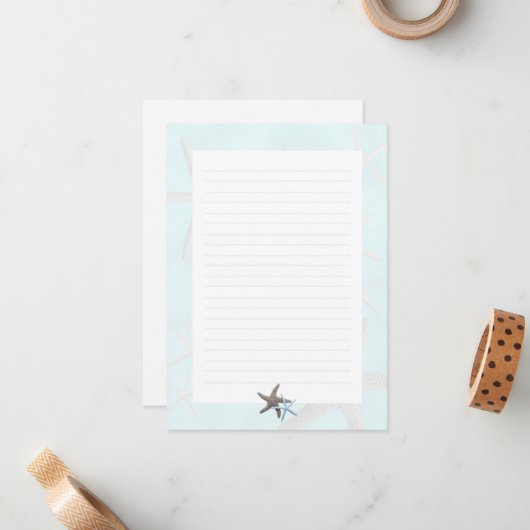 Carte De Correspondance Starfish on Light Blue, Lined Blank (Devant/Arrière en situation)