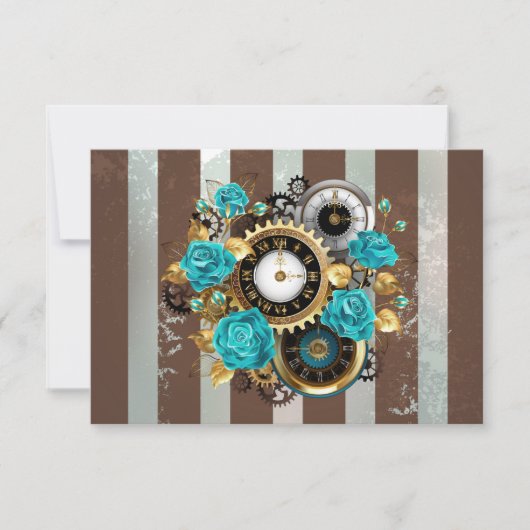 Carte De Correspondance Steampunk Clock and Turquoise Roses on Striped (Devant)