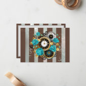 Carte De Correspondance Steampunk Clock and Turquoise Roses on Striped (Devant/Arrière en situation)