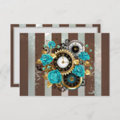 Carte De Correspondance Steampunk Clock and Turquoise Roses on Striped (Devant / Derrière)