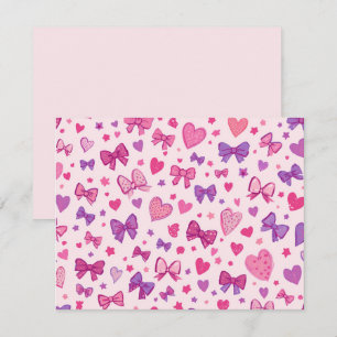 Carte De Correspondance Style Coquette Rose Violet Nœud & Motif de Cœur