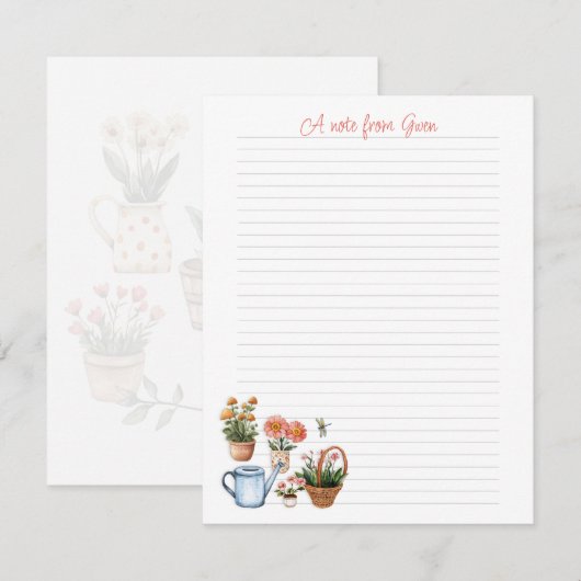 Carte De Correspondance Summer Gardening Lined Personal Note Paper (Devant / Derrière)