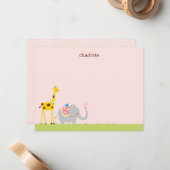Carte De Correspondance Sweet Baby Elephant, Giraffe et Birdie Note Card (Devant/Arrière en situation)