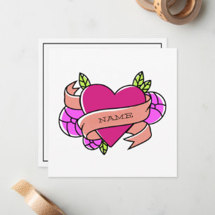 Carte De Correspondance Tatouage cœur vert rose avec nom personnalisé noir