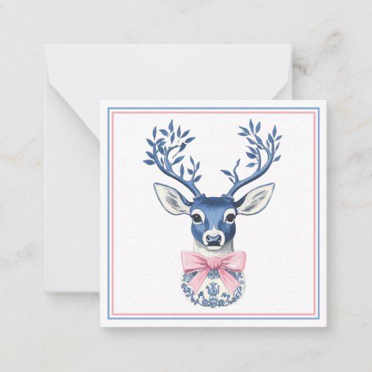Carte De Correspondance Tête de cerf en chinoiserie rose et bleue (Devant)