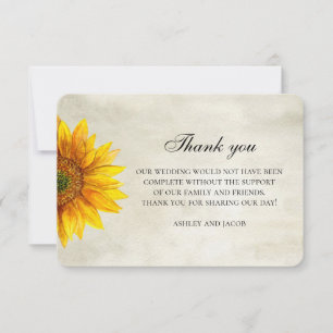 Carte De Correspondance Tournesol merci. Note de mariage fleur rustique