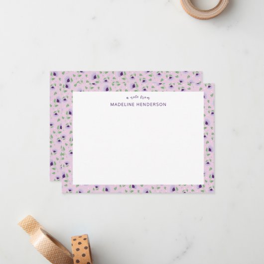 Carte De Correspondance Tournesol violet blanc clair Monogramme rose clair (Devant/Arrière en situation)
