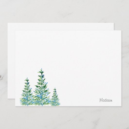 Carte De Correspondance Trois Pins Aquarelle Bleu Vert (Devant / Derrière)