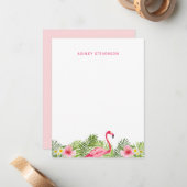 Carte De Correspondance Tropical Palm Feuilles Flamant rose rose Nom perso (Devant/Arrière en situation)