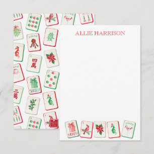 Carte De Correspondance Tuiles de Noël rouges et vertes Mahjong aquarelle