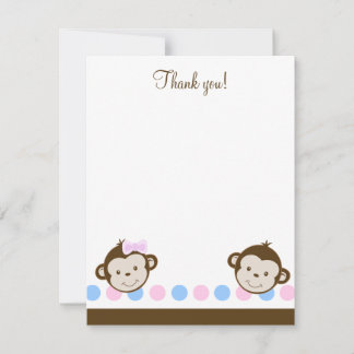 Carte De Correspondance Twin Mod Singes garçon/fille 4x5 plat Merci note