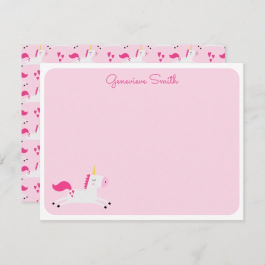 Carte De Correspondance Unicorne en rose avec les coeurs (Devant / Derrière)