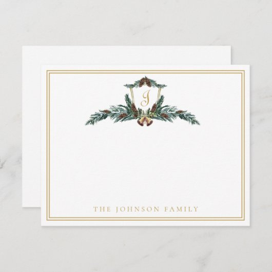 Carte De Correspondance Vacances Noël hiver Pinecone Crest Monogramme (Devant / Derrière)