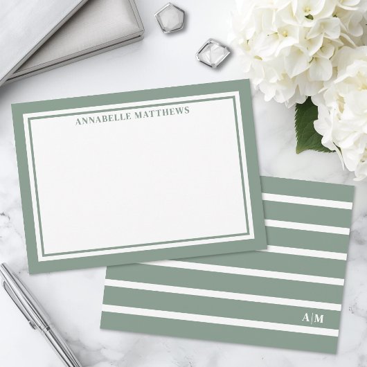 Carte De Correspondance Vert Sauge Et Monogramme Rayé Blanc