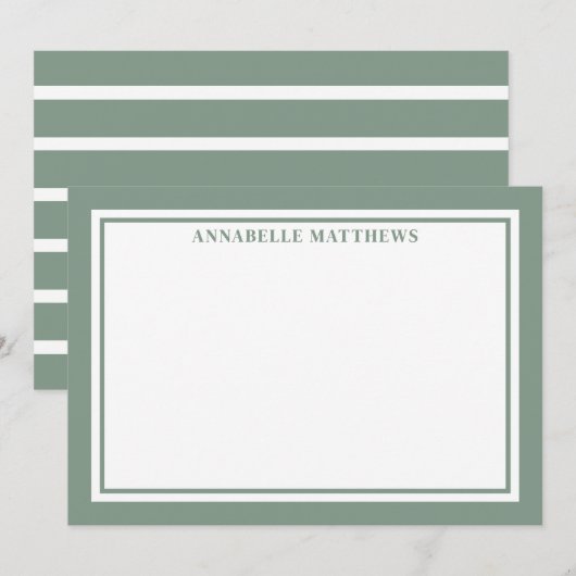 Carte De Correspondance Vert Sauge Et Monogramme Rayé Blanc (Devant / Derrière)