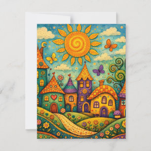 Carte De Correspondance Village de conte de fées fantaisiste Art de toile 