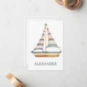 Carte De Correspondance Voilier à rayures bleu aquarelle (Devant/Arrière en situation)