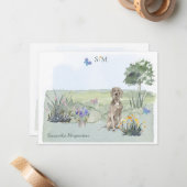 Carte De Correspondance Weimaraner Butterfly Meadow Monogramme & Nom (Devant/Arrière en situation)