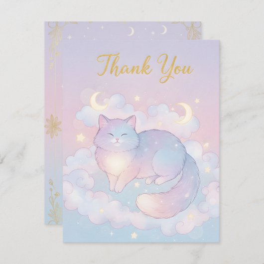Carte De Correspondance Whimsical Celestial Cat "Thank You" Card (Devant / Derrière)