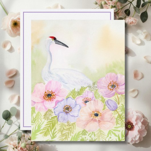 Carte De Correspondance  Whooping Crane with Pastel Anemones 