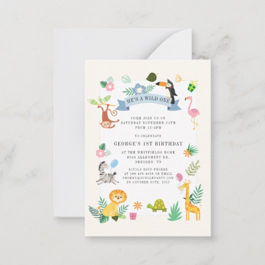 Carte De Correspondance Wild One Jungle Safari Animaux 1er anniversaire (Devant)