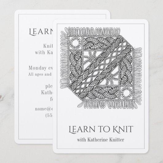 Carte de cours de tricot en maille câblée blanche (Devant / Derrière)