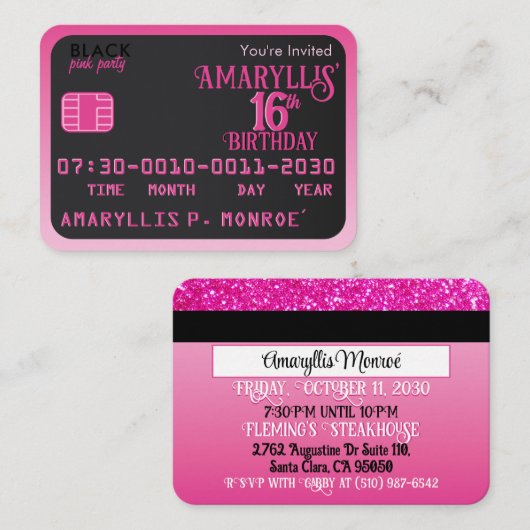 Carte de crédit Matte Black Pink Invitations d'ann (Devant / Derrière)