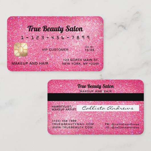 Carte de crédit unique Sparkly Neon Pink Parties s (Devant / Derrière)