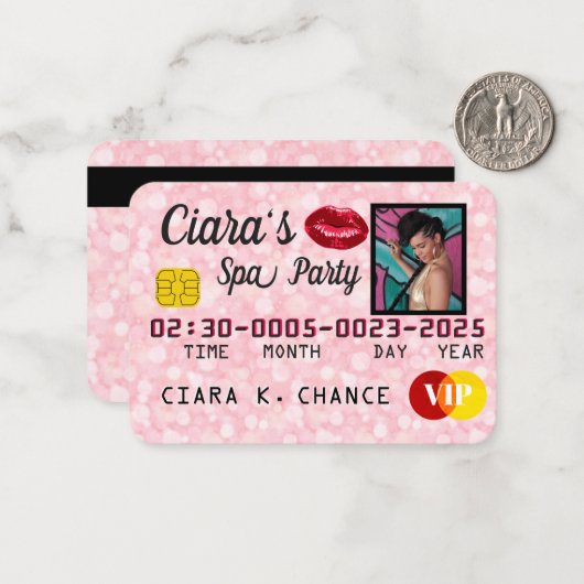 Carte de crédit VIP Pink Parties scintillant (Devant/Arrière en situation)