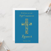 Carte de croix d'or bleu communion (Devant/Arrière en situation)