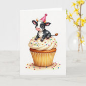 Carte de Cupcake de Vache d'Anniversaire Douce (Fleur jaune)