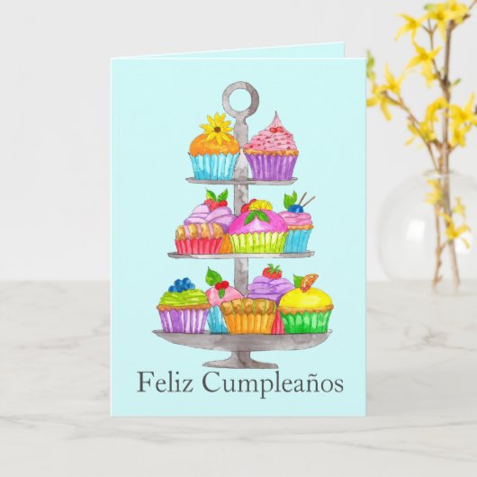 Carte de cupcakes d'aquarelle espagnole (Fleur jaune)