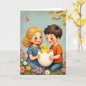 Carte de découverte de poussin de printemps (Fleur jaune)