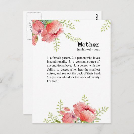 Carte de définition de la mère - cadeau de la fête (Devant / Derrière)