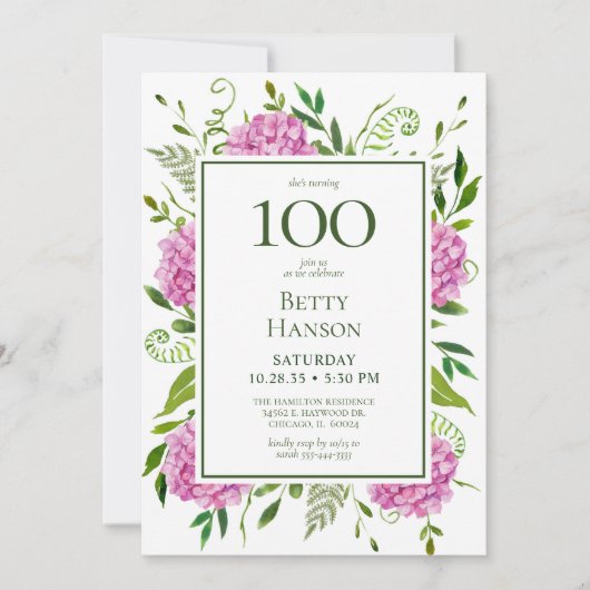 Carte de demande de 100e anniversaire avec hortens (Devant)